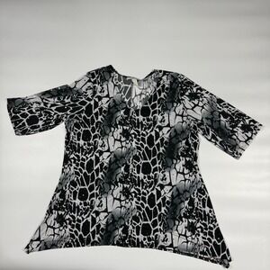 Only Nine Blouse Top Womens Size 2X Black White Printed Sequin 3/4 Sleeve V-Neck
